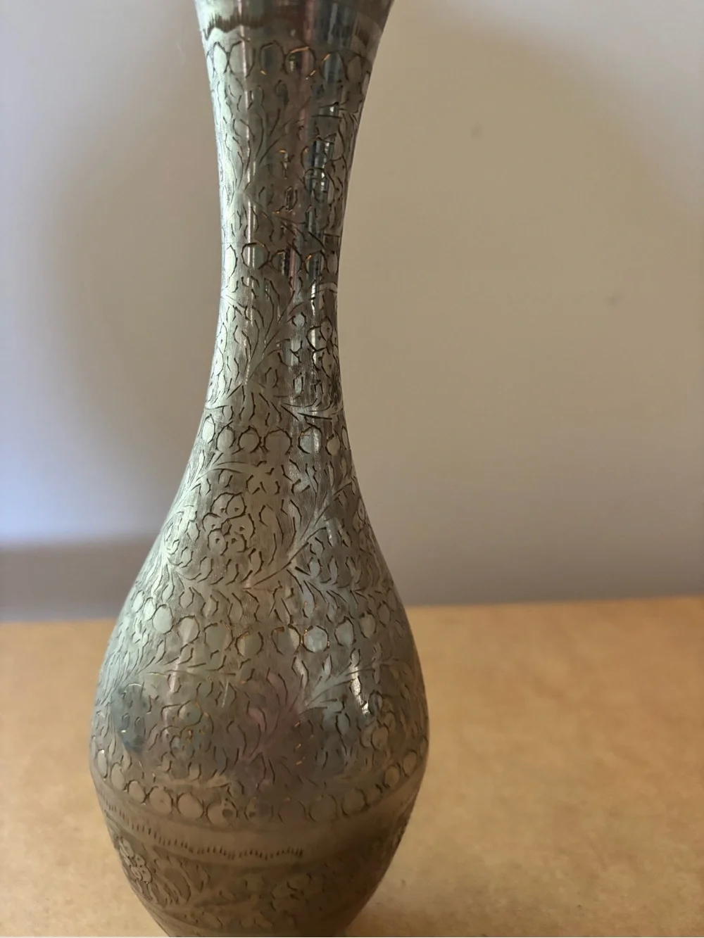 Antique Indian White Brass Floral Engraved Vase